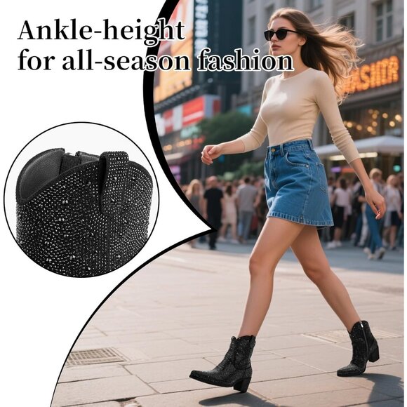 ⚡Women’s Ankle Rhinestone Black Cowboy Boots Mid Calf Pointed Toe Block Heel - Picture 3 of 6